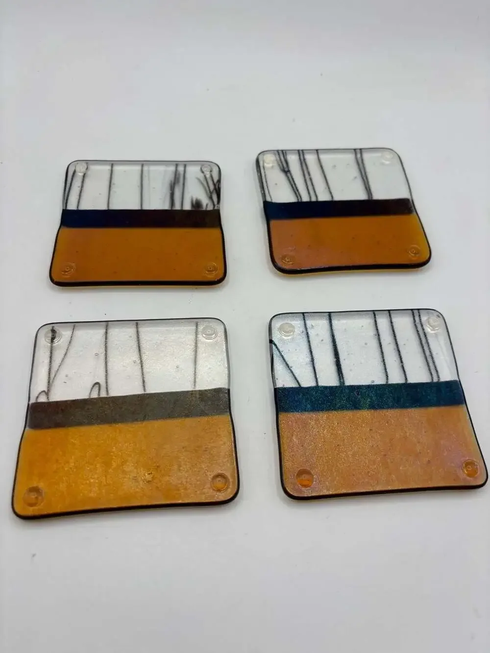 Set of 4 Handcrafted Fused Art Glass Coasters with Birch Tree Motif in Amber and
